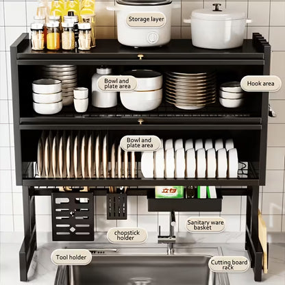 Black Over Sink Dish Drying Rack with Cover, Large Kitchen Dish Organizer with Cabinet Doors, Countertop Space Saver