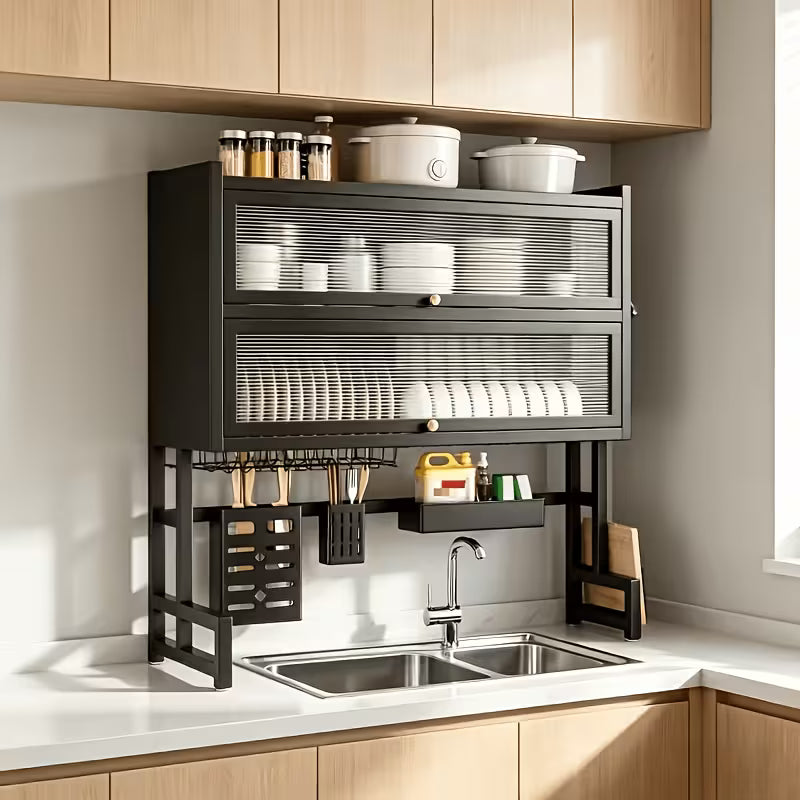 Black Over Sink Dish Drying Rack with Cover, Large Kitchen Dish Organizer with Cabinet Doors, Countertop Space Saver
