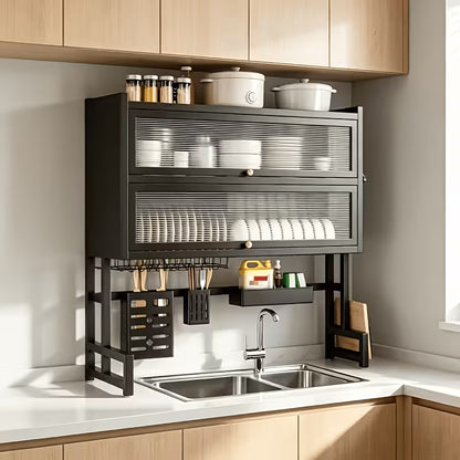 Black Over Sink Dish Drying Rack with Cover, Large Kitchen Dish Organizer with Cabinet Doors, Countertop Space Saver