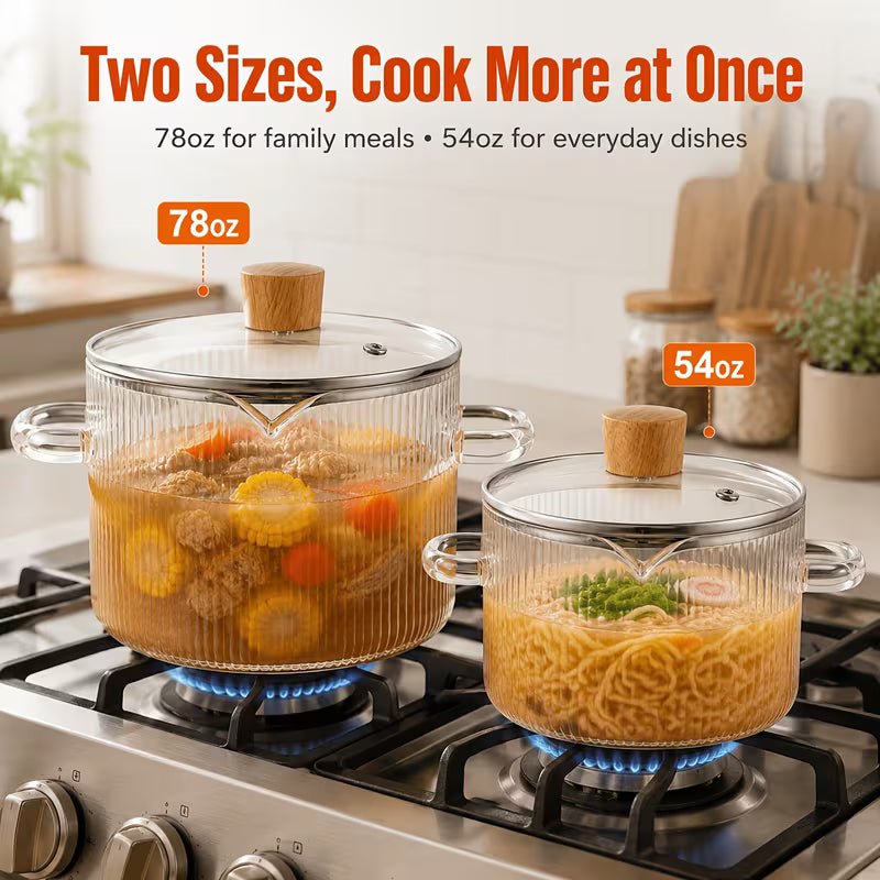 2-Piece Ribbed Borosilicate Glass Saucepan Set with Lids – Stovetop-Safe Cooking Pots
