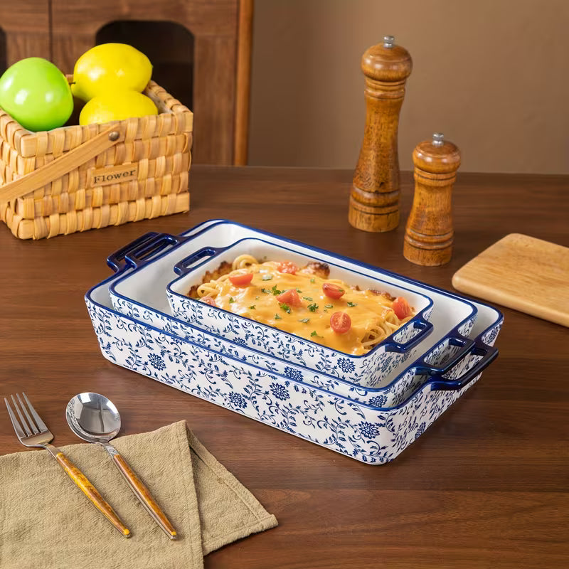 3-Piece Blue & White Ceramic Casserole Baking Dish Set Bake, Cook, Serve & Enjoy Every Meal in Style