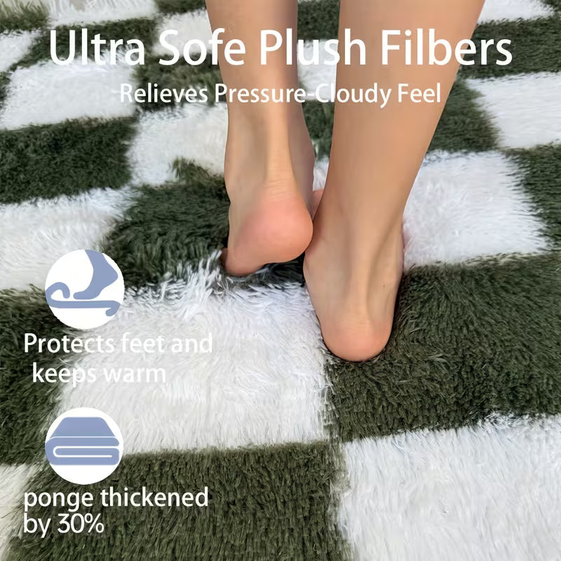 8 × 10 FT Green & White Checkered Shaggy Area Rug