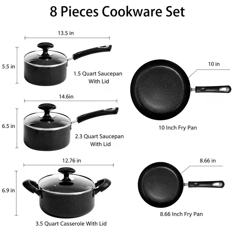 8-Piece Black Nonstick Cookware Set with Glass Lids