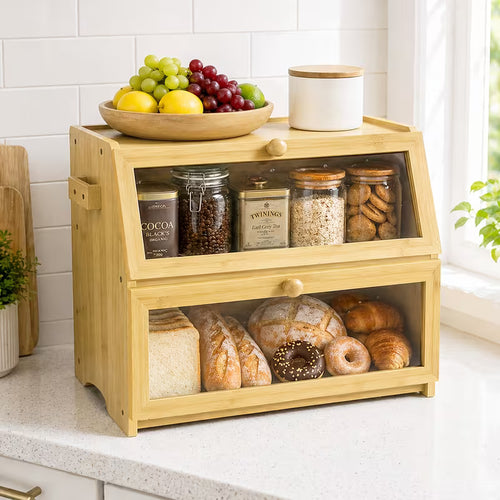 Large Bamboo Bread Box with Lid, Countertop Food Storage Organizer for Bread, Pastries & Baked Goods