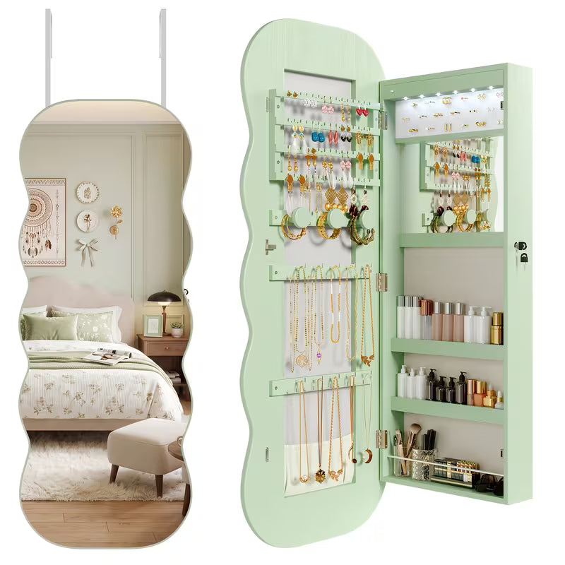 Wavy Mirror Jewelry Cabinet with 6 LED Lights, Interior Makeup Mirror & Lockable Storage