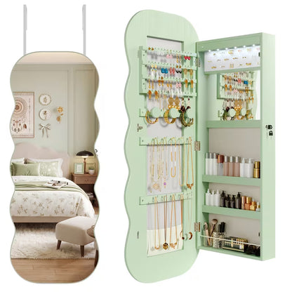 Wavy Mirror Jewelry Cabinet with 6 LED Lights, Interior Makeup Mirror & Lockable Storage