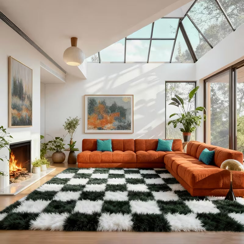 8 × 10 FT Green & White Checkered Shaggy Area Rug