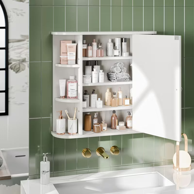 Wall-Mounted Bathroom Mirror Cabinet with 6 Open Side Shelves, White Medicine Storage Cabinet & Bathroom Organizer