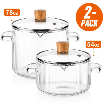 2-Piece Ribbed Borosilicate Glass Saucepan Set with Lids – Stovetop-Safe Cooking Pots