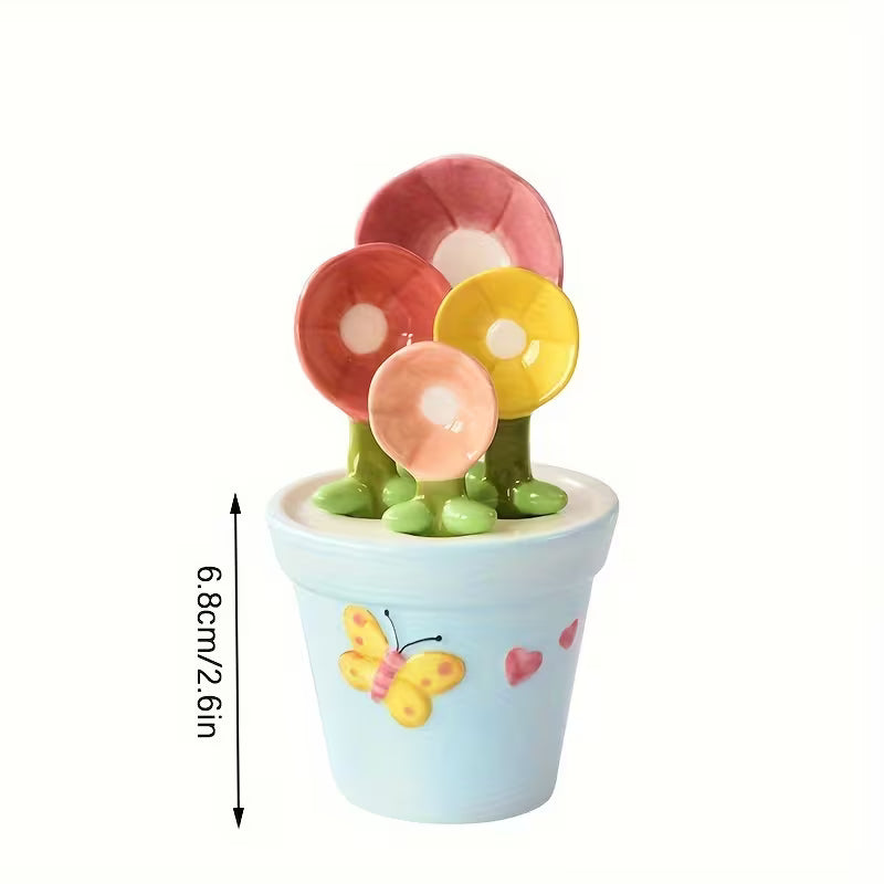 Flower-Shaped Ceramic Measuring Spoon Set with Holder
