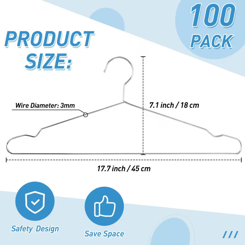 100 Pcs Stainless Steel Metal Hangers – Ultra-Thin Space-Saving Wire Clothes Hangers