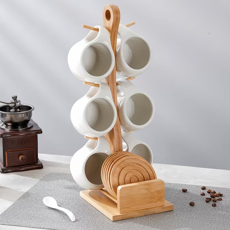 6-Piece Ceramic Coffee Cup Set with Wooden Coasters & Holder
