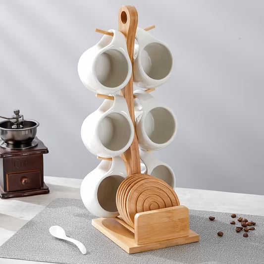 6-Piece Ceramic Coffee Cup Set with Wooden Coasters & Holder