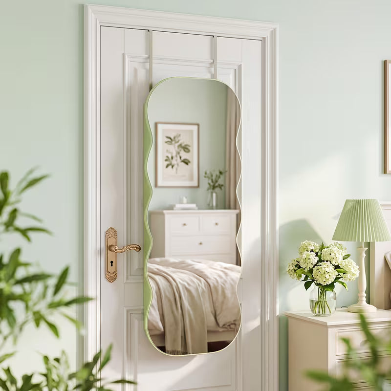 Wavy Mirror Jewelry Cabinet with 6 LED Lights, Interior Makeup Mirror & Lockable Storage