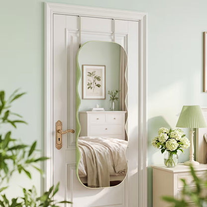 Wavy Mirror Jewelry Cabinet with 6 LED Lights, Interior Makeup Mirror & Lockable Storage
