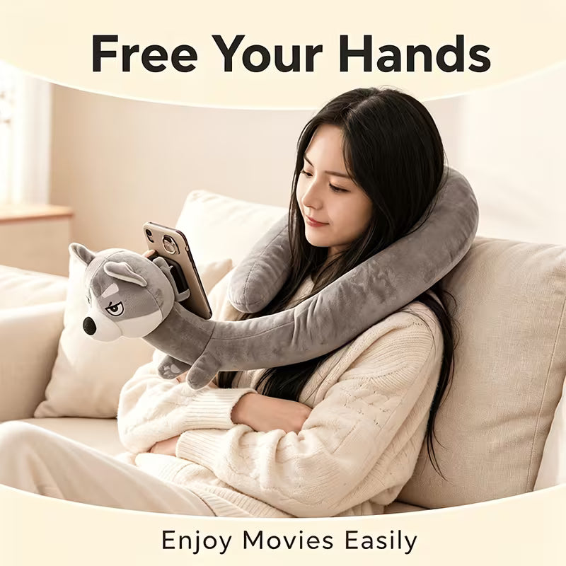 2-in-1 Cute Animal Neck Pillow & Phone Holder – U-Shaped Plush Travel Pillow & Hands-Free Phone Stand