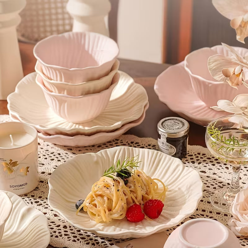 12-Piece Matte Flower-Shaped Ceramic Tableware Set