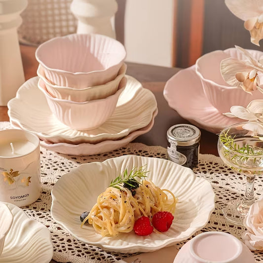 12-Piece Matte Flower-Shaped Ceramic Tableware Set