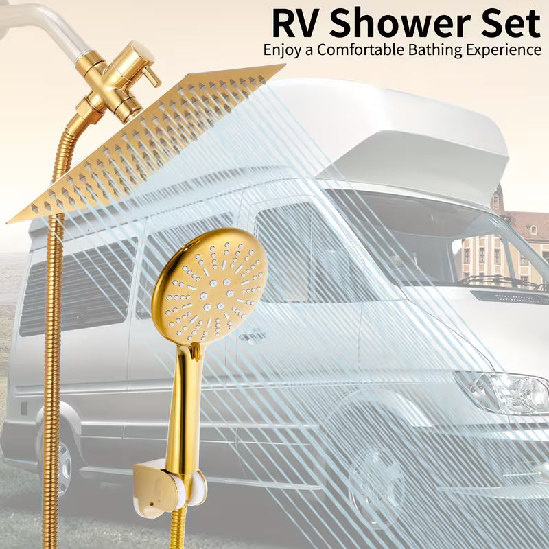 Golden High-Pressure Square Rain Shower Head & Handheld Shower Set
