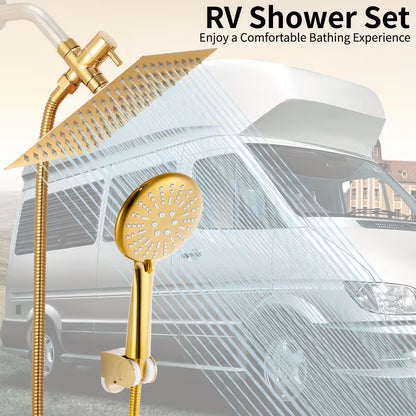 Golden High-Pressure Square Rain Shower Head & Handheld Shower Set