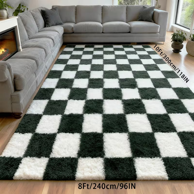 8 × 10 FT Green & White Checkered Shaggy Area Rug