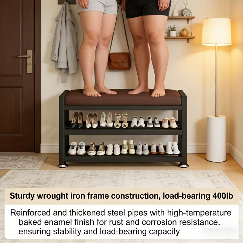 Modern Entryway Shoe Bench with Thick Cushioned Seat, Multi-Compartment Shoe Rack Organizer with Metal Frame for Bedroom, Hallway & Entryway