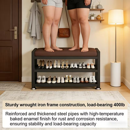 Modern Entryway Shoe Bench with Thick Cushioned Seat, Multi-Compartment Shoe Rack Organizer with Metal Frame for Bedroom, Hallway & Entryway