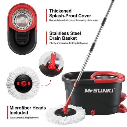 360° Spin Mop & Bucket Cleaning Set – 59-Inch Adjustable Handle with Microfiber Heads & Disposable Pads