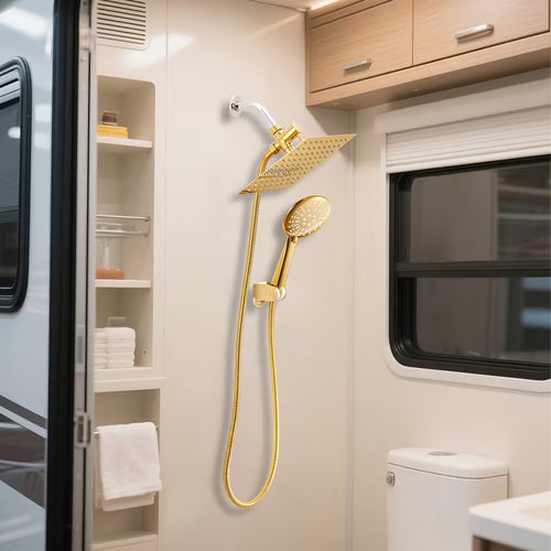 Golden High-Pressure Square Rain Shower Head & Handheld Shower Set