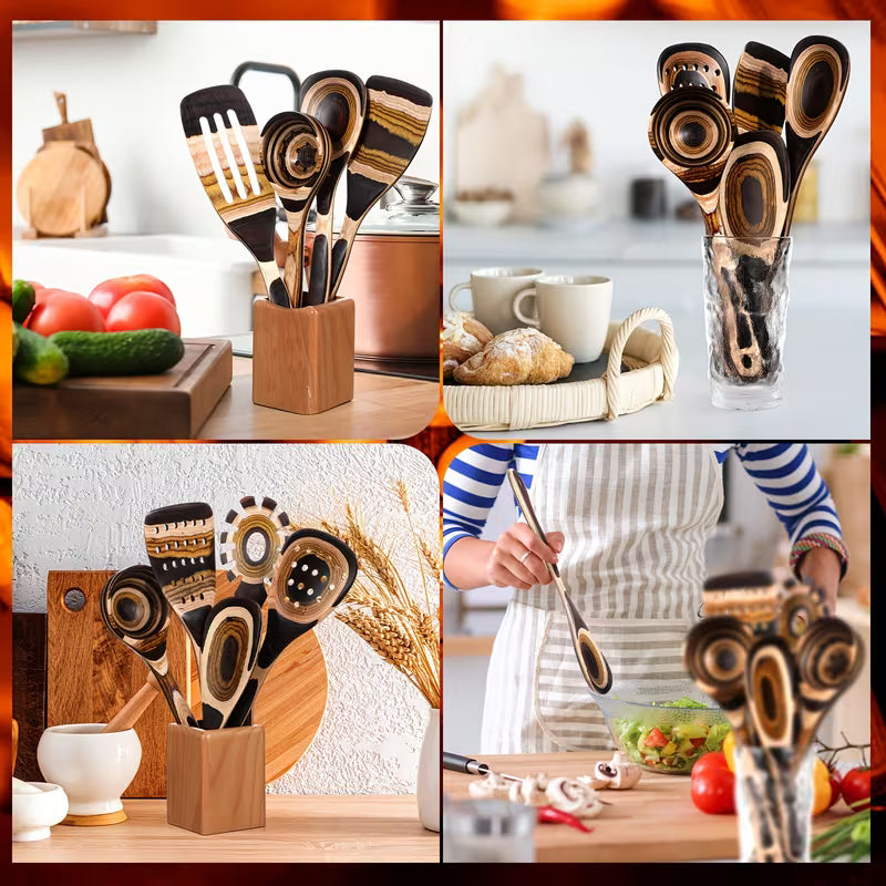 9-Piece Brown Pakkawood Kitchen Utensil Set