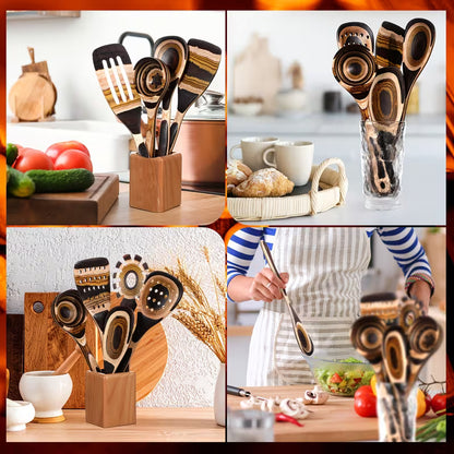 9-Piece Brown Pakkawood Kitchen Utensil Set
