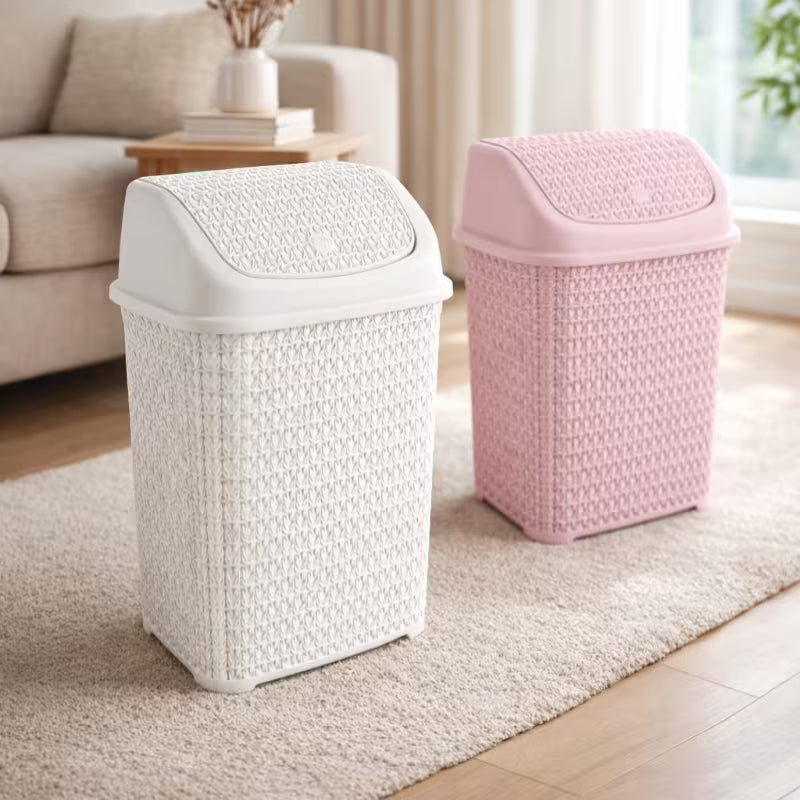 Modern Woven-Style Flip Lid Trash Can, Minimalist Plastic Waste Bin for Bathroom, Bedroom & Office