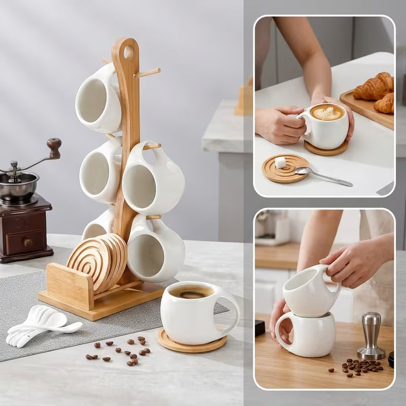 6-Piece Ceramic Coffee Cup Set with Wooden Coasters & Holder