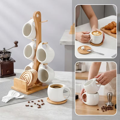6-Piece Ceramic Coffee Cup Set with Wooden Coasters & Holder