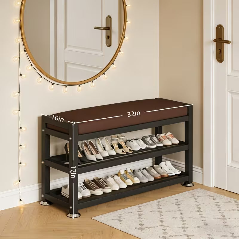 Modern Entryway Shoe Bench with Thick Cushioned Seat, Multi-Compartment Shoe Rack Organizer with Metal Frame for Bedroom, Hallway & Entryway