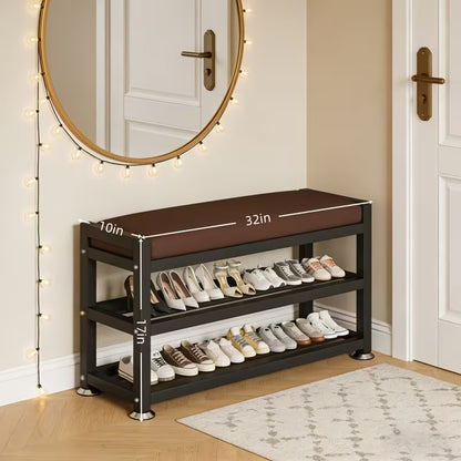 Modern Entryway Shoe Bench with Thick Cushioned Seat, Multi-Compartment Shoe Rack Organizer with Metal Frame for Bedroom, Hallway & Entryway