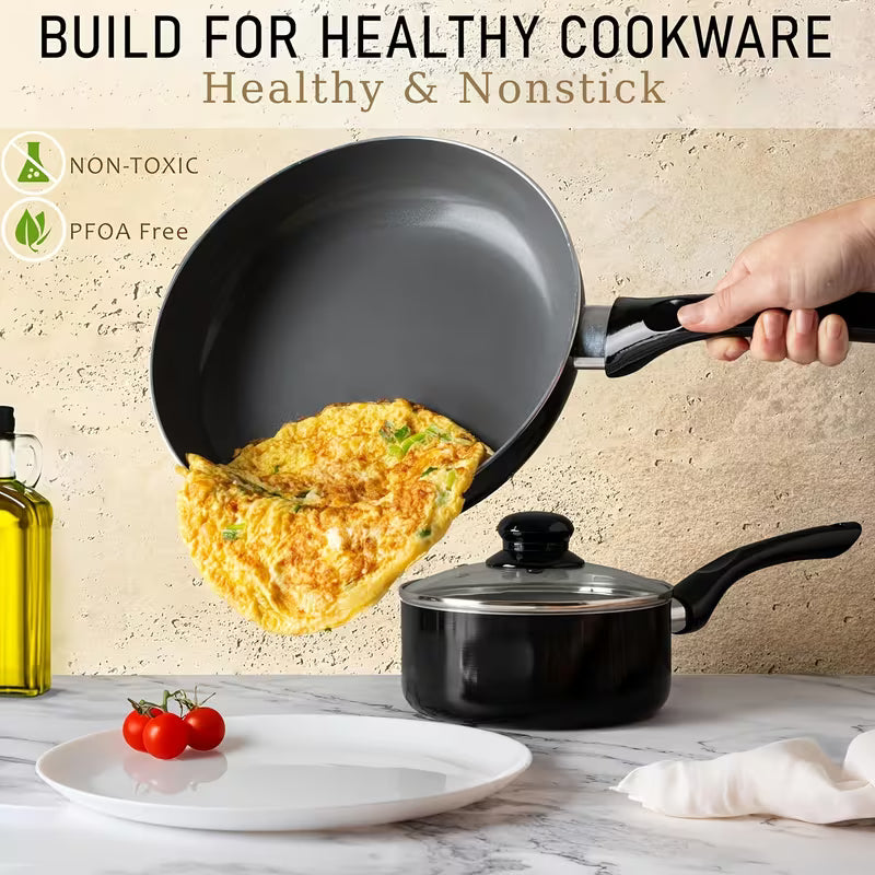 8-Piece Black Nonstick Cookware Set with Glass Lids
