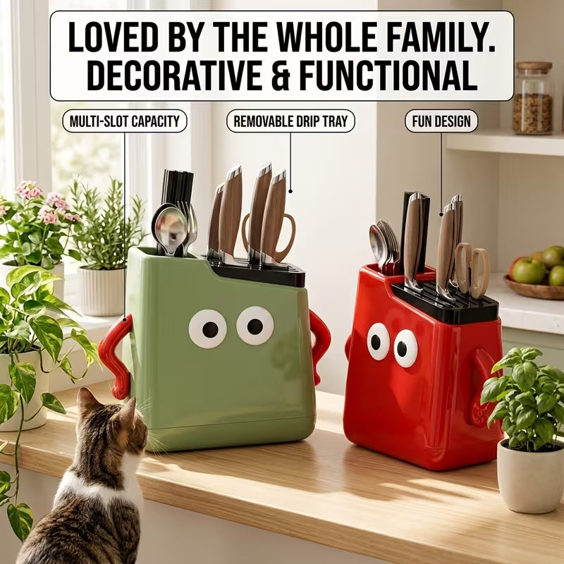 Multifunctional Kitchen Countertop Knife & Cutlery Storage Rack with Drainage Slots