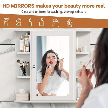 Wall-Mounted Bathroom Mirror Cabinet with 6 Open Side Shelves, White Medicine Storage Cabinet & Bathroom Organizer