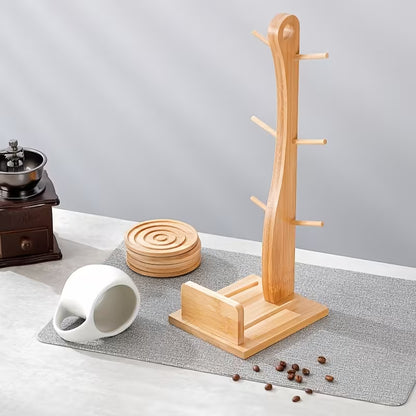 6-Piece Ceramic Coffee Cup Set with Wooden Coasters & Holder