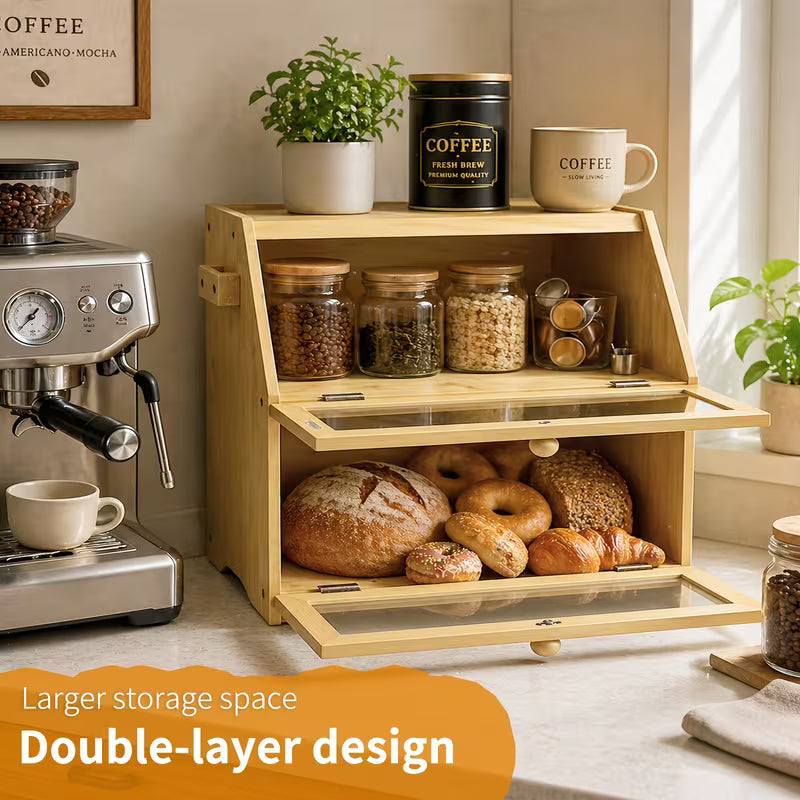 Large Bamboo Bread Box with Lid, Countertop Food Storage Organizer for Bread, Pastries & Baked Goods