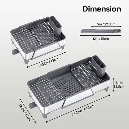 Adjustable Stainless Steel Dish Drying Rack with Utensil Holder & Pan Rack