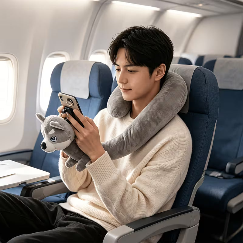 2-in-1 Cute Animal Neck Pillow & Phone Holder – U-Shaped Plush Travel Pillow & Hands-Free Phone Stand