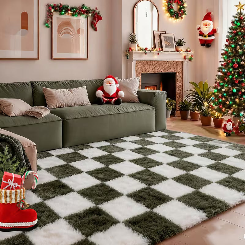 8 × 10 FT Green & White Checkered Shaggy Area Rug