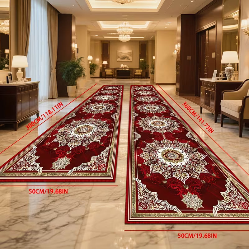 Luxury Burgundy & Gold Runner Rug, Long Rectangular Medallion Pattern Floor Mat with Non-Slip Backing, Machine Washable