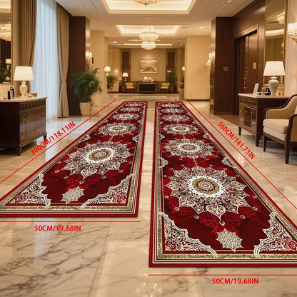 Luxury Burgundy & Gold Runner Rug, Long Rectangular Medallion Pattern Floor Mat with Non-Slip Backing, Machine Washable