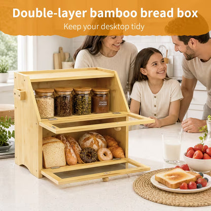 Large Bamboo Bread Box with Lid, Countertop Food Storage Organizer for Bread, Pastries & Baked Goods