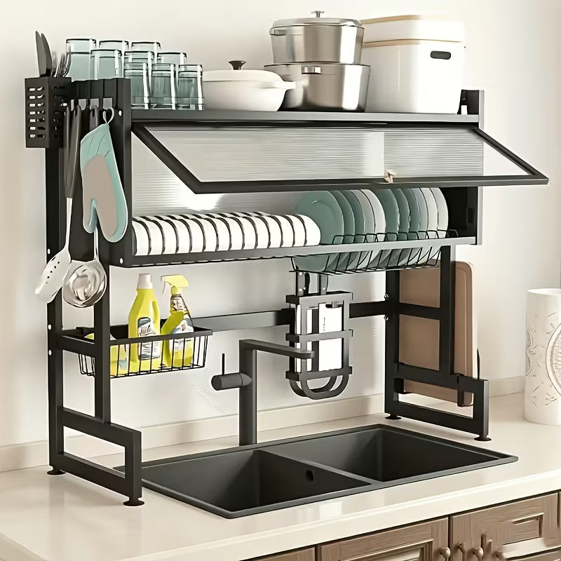 Black Over Sink Dish Drying Rack with Cover, Large Kitchen Dish Organizer with Cabinet Doors, Countertop Space Saver