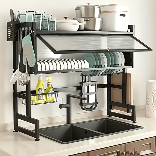 Black Over Sink Dish Drying Rack with Cover, Large Kitchen Dish Organizer with Cabinet Doors, Countertop Space Saver