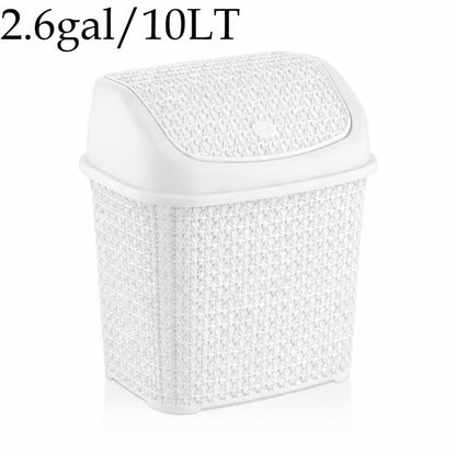 Modern Woven-Style Flip Lid Trash Can, Minimalist Plastic Waste Bin for Bathroom, Bedroom & Office